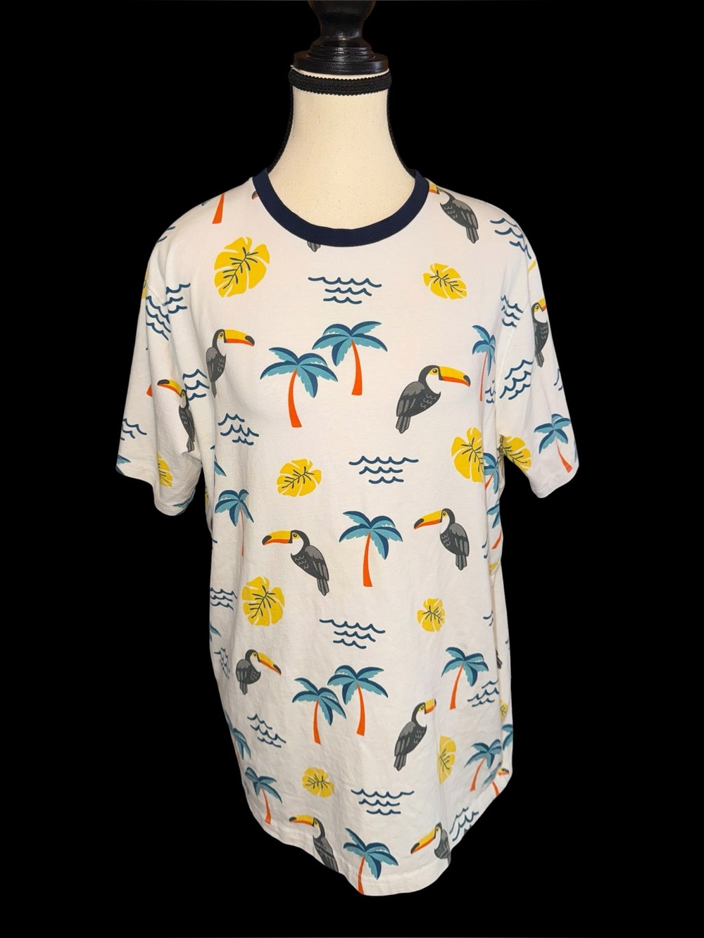 Free Planet Tropical Toucan Palm Tree Ringer T Shirt Size Large Cotton Stretch